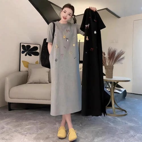 回忆森林MM圆领宽松慵懒风休闲百搭刺绣长款连衣裙女夏季T恤裙子