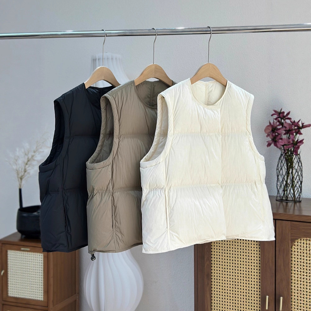 泡芙90白鸭绒羽绒马甲女短款宽松圆领小个子设计感面包服羽绒马夹