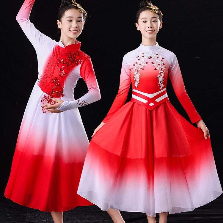 新款儿童灯火里的中国舞蹈表演服女童万疆古典舞开场舞大摆裙服装