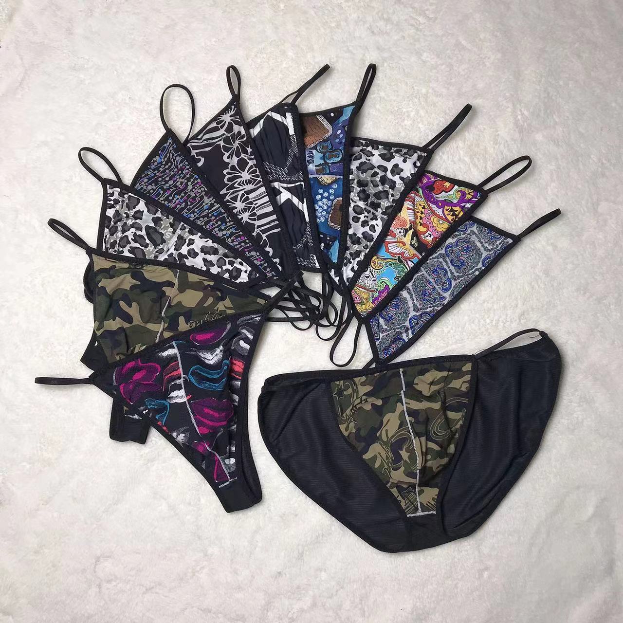 国外风大码青年男丝印性感狂野无痕男士随机印花冰丝三角丁字裤