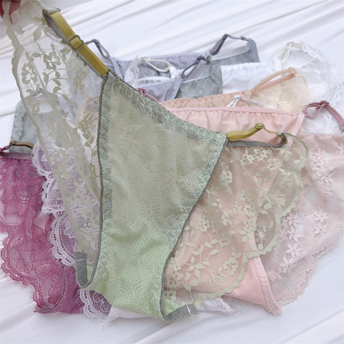 无痕蕾丝拼接内裤女冰丝中低腰性感透气花边调节带弹力带三角裤蛇