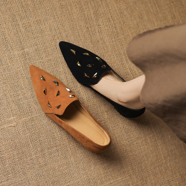 法式真皮羊翻皮铆钉尖头乐福鞋女一脚蹬深口单鞋内增高磨砂小皮鞋,女鞋,深口单鞋,淘宝优惠券,粉丝福利购,淘宝优惠卷