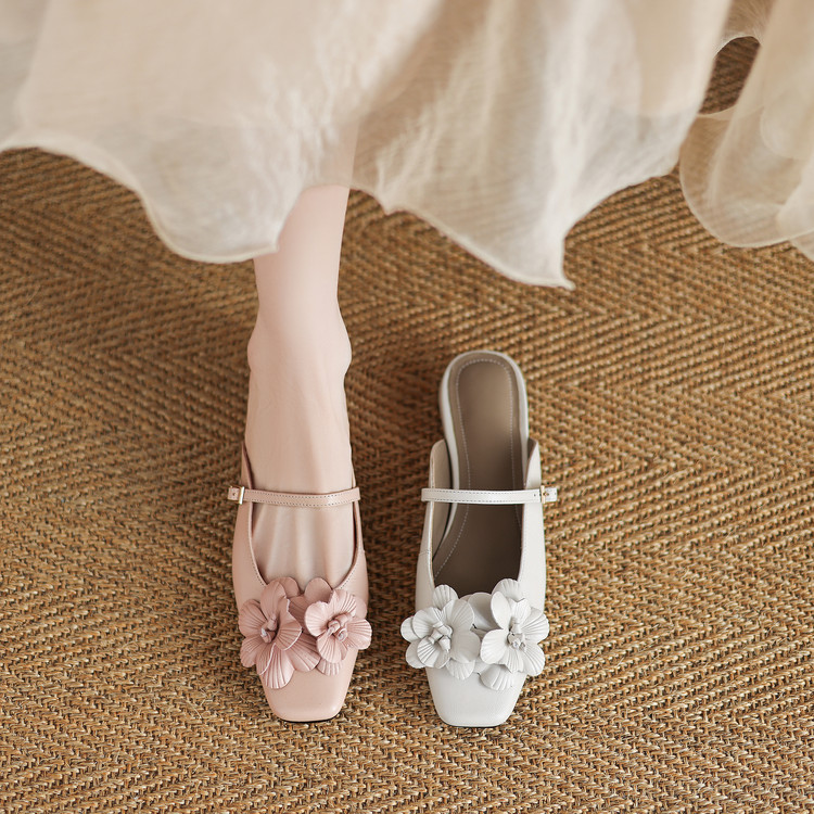 新品~手工真皮内外羊皮花朵拖鞋女夏天外穿后空一字带粉色4041码