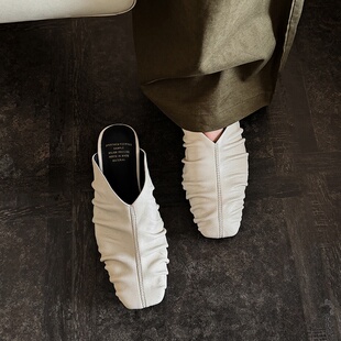 法式复古风真皮羊皮褶皱包头拖鞋女平跟一脚蹬百搭穆勒鞋透气夏天