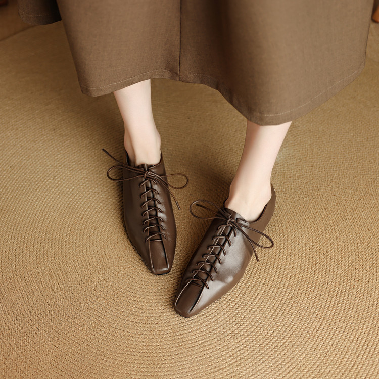 新品手工真皮牛皮单鞋女深口系带低跟平底百搭秋季低帮鞋子方头