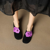 女外宽低跟平底拼色圆头羊翻皮夏 手工真皮羊皮包头拖鞋 时尚 花朵