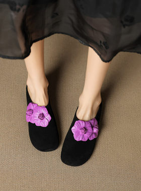 时尚花朵~手工真皮羊皮包头拖鞋女外宽低跟平底拼色圆头羊翻皮夏