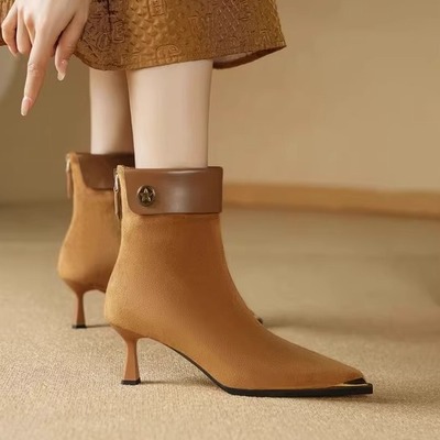 法式复古短靴女单靴秋冬季2025年新款绒面尖头细高跟金属头百搭