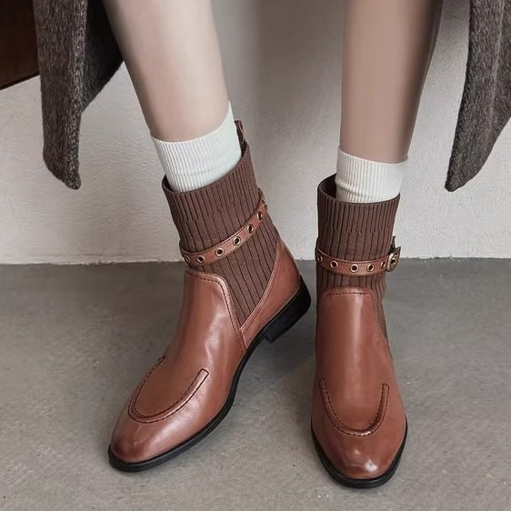 复古~手工真皮头层牛皮毛线筒短靴女单靴圆头低跟平跟皮带扣百搭