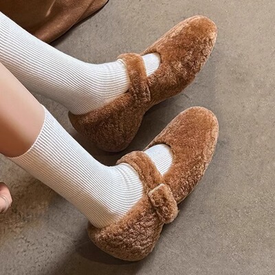 羊皮毛一体玛丽珍鞋女2025新款秋冬加绒保暖棉鞋内增高中跟毛毛鞋