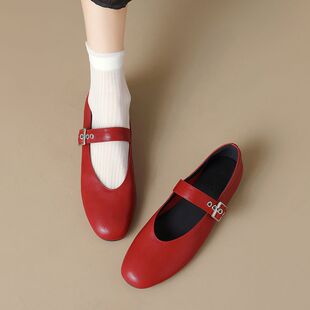 巨好看~手工订制真皮羊皮单鞋女红色圆头低跟平底一字带皮带扣女