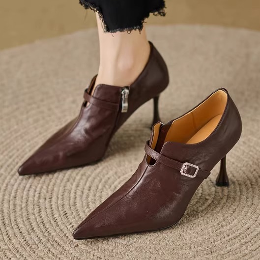 欧美个性尖头细跟高跟鞋女2025新款复古百搭通勤软皮深口单鞋细跟