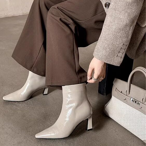 欧美个性~洋气灰色真皮头层牛皮短靴女单靴粗高跟小方头百搭时尚