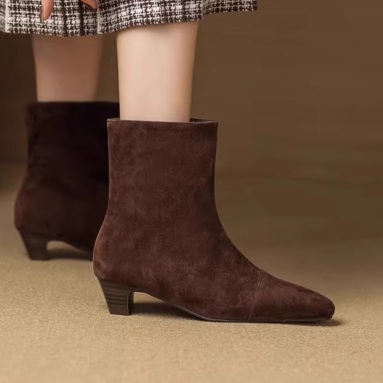 巨好穿~手工真皮粗跟4厘米短靴女单靴圆头中跟猫跟舒适百搭磨砂皮