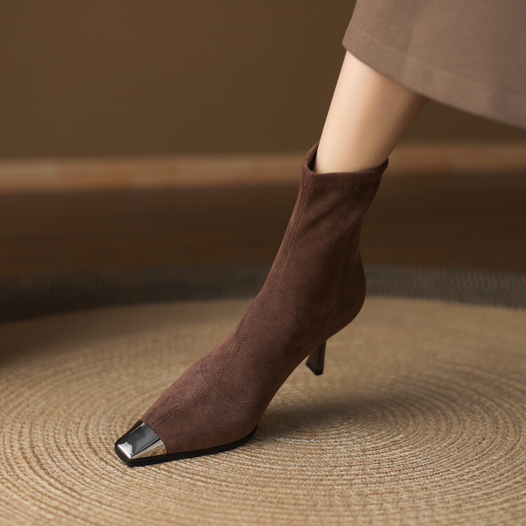 秋冬新款~手工弹力靴女短靴单靴金属包头方头细高跟显瘦时尚3340