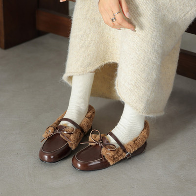 韩系真皮棕色加绒保暖玛丽珍鞋女平底毛毛鞋浅口单鞋一字带秋冬