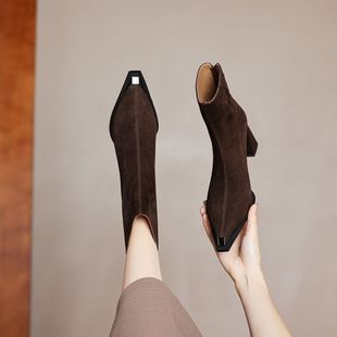 巨好看~手工订制真皮羊翻皮短靴女单靴尖头金属包头粗高跟百搭女