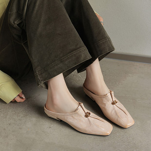 金属扣百搭新品 通勤风真皮羊皮包头拖鞋 女夏外穿粗跟一脚蹬穆勒鞋