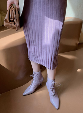 2024秋冬真皮短靴女单靴前系带中高跟6厘米尖头马丁靴香宇紫色女