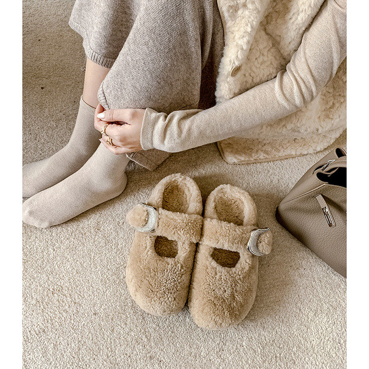 羊毛毛绒勃肯鞋女包头拖鞋外穿松糕底舒适保暖棉拖鞋5厘米内增高
