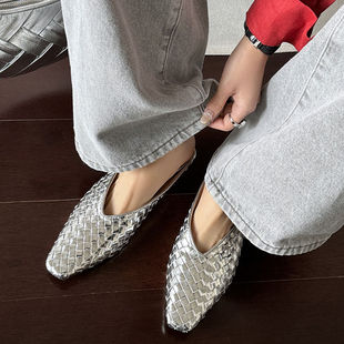 复古编织包头半拖鞋女外穿内增高穆勒鞋银色一脚蹬低跟坡跟新品