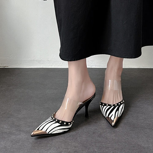 小性感豹纹马毛包头半拖鞋女细跟高跟防滑外穿气质女鞋金属头新品