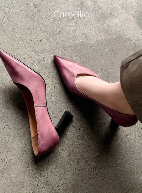 复古风真皮牛皮尖头浅口单鞋女粗跟高跟鞋气质ol职业鞋巨软紫色