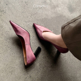 巨软紫色 气质ol职业鞋 复古风真皮牛皮尖头浅口单鞋 女粗跟高跟鞋