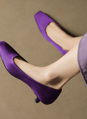 复古风紫色方头浅口单鞋女细跟气质ol百搭不累脚软底鞋中跟新品