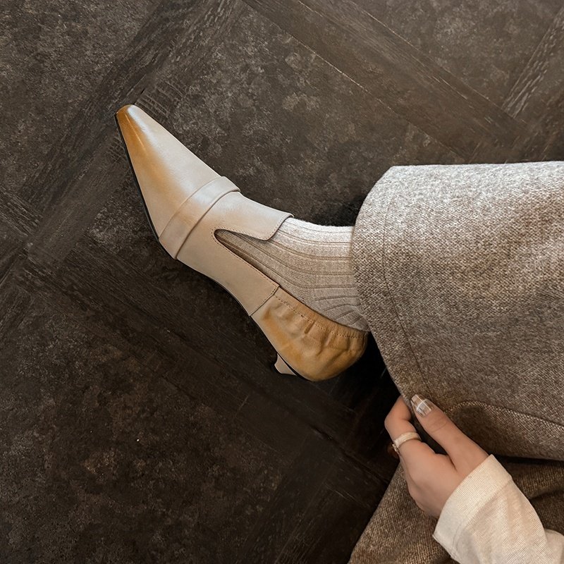 优雅风头层牛皮尖头深口单鞋女中跟一脚蹬通勤真皮女鞋小跟粗跟,女鞋,深口单鞋,淘宝优惠券,粉丝福利购,淘宝优惠卷