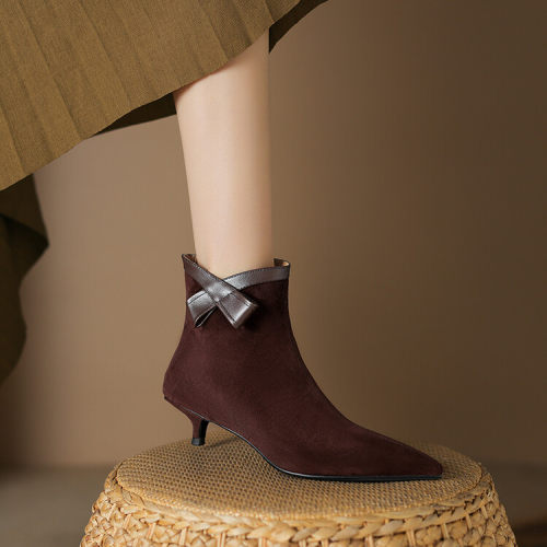 巨好看~手工订制真皮羊翻皮尖头短靴女单鞋中跟细跟蝴蝶结显瘦女