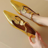 女小方头低跟平底金属扣T带丁字鞋 手工新品 真皮羊皮单鞋 百搭金色