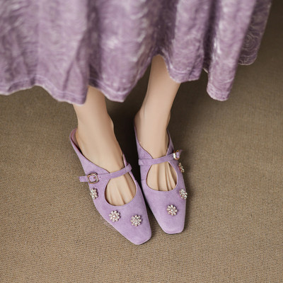 时尚~手工真皮羊翻皮包头拖鞋女外穿夏天百搭紫色水钻内增高4041