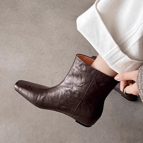 巨好穿~羊皮纯皮真皮短靴女单靴方头中跟内增高套筒百搭秋冬新品