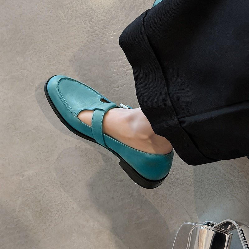 真皮平底深口单鞋女英伦风复古T字扣玛丽珍通勤鞋蓝色低跟平底女,女鞋,深口单鞋,淘宝优惠券,粉丝福利购,淘宝优惠卷
