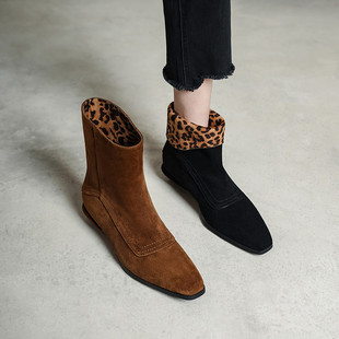 欧美个性秋冬真皮豹纹拼色短靴女单靴方头低跟粗跟套筒15年老店