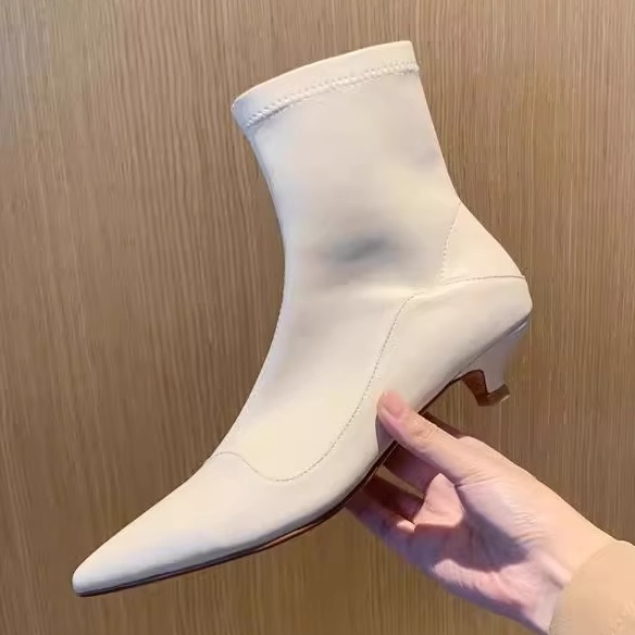 小跟短靴女真皮秋冬春秋单靴尖头瘦瘦马丁靴低跟矮跟弹力靴子百搭