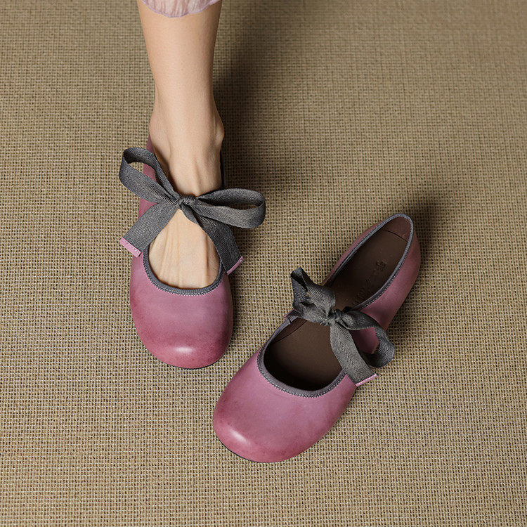 巨软~复古紫色手工真皮圆头单鞋女系带交叉绑带低跟平底新品时尚