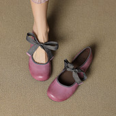 巨软 时尚 复古紫色手工真皮圆头单鞋 女系带交叉绑带低跟平底新品