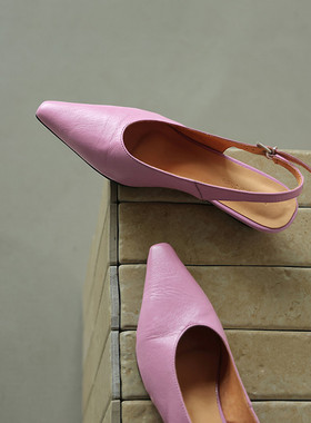 简约风真皮羊皮方头包头凉鞋女坡跟后绊带百搭气质通勤紫色新品