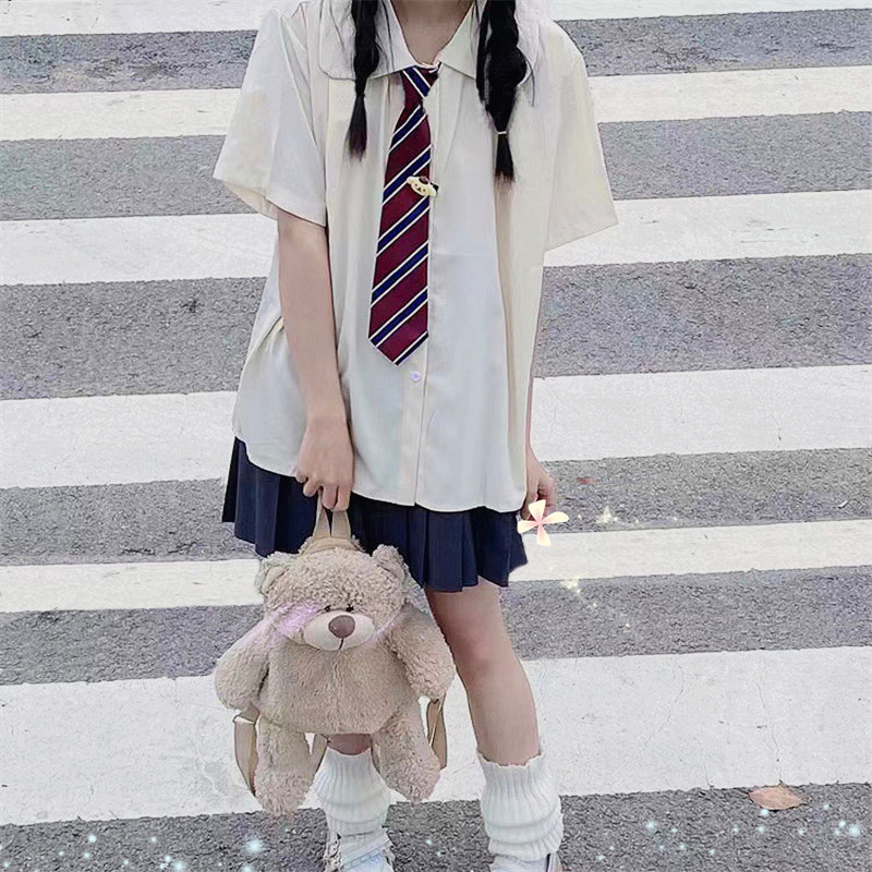 夏季日系短袖jk衬衫女学生套装娃娃领上衣学院风制服百褶裙两件套