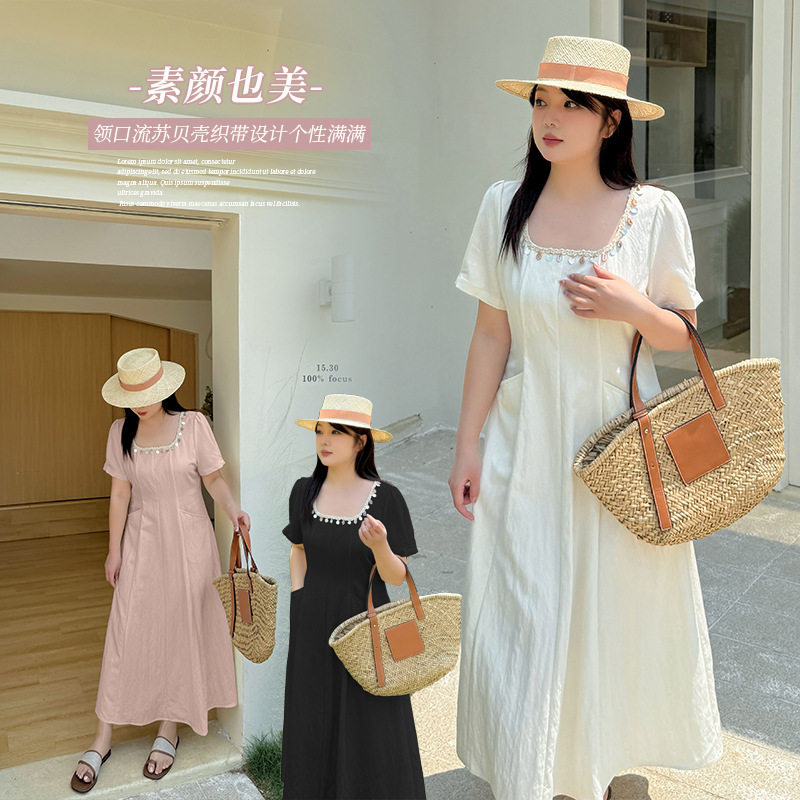 夏季大码法式U领显瘦连衣裙