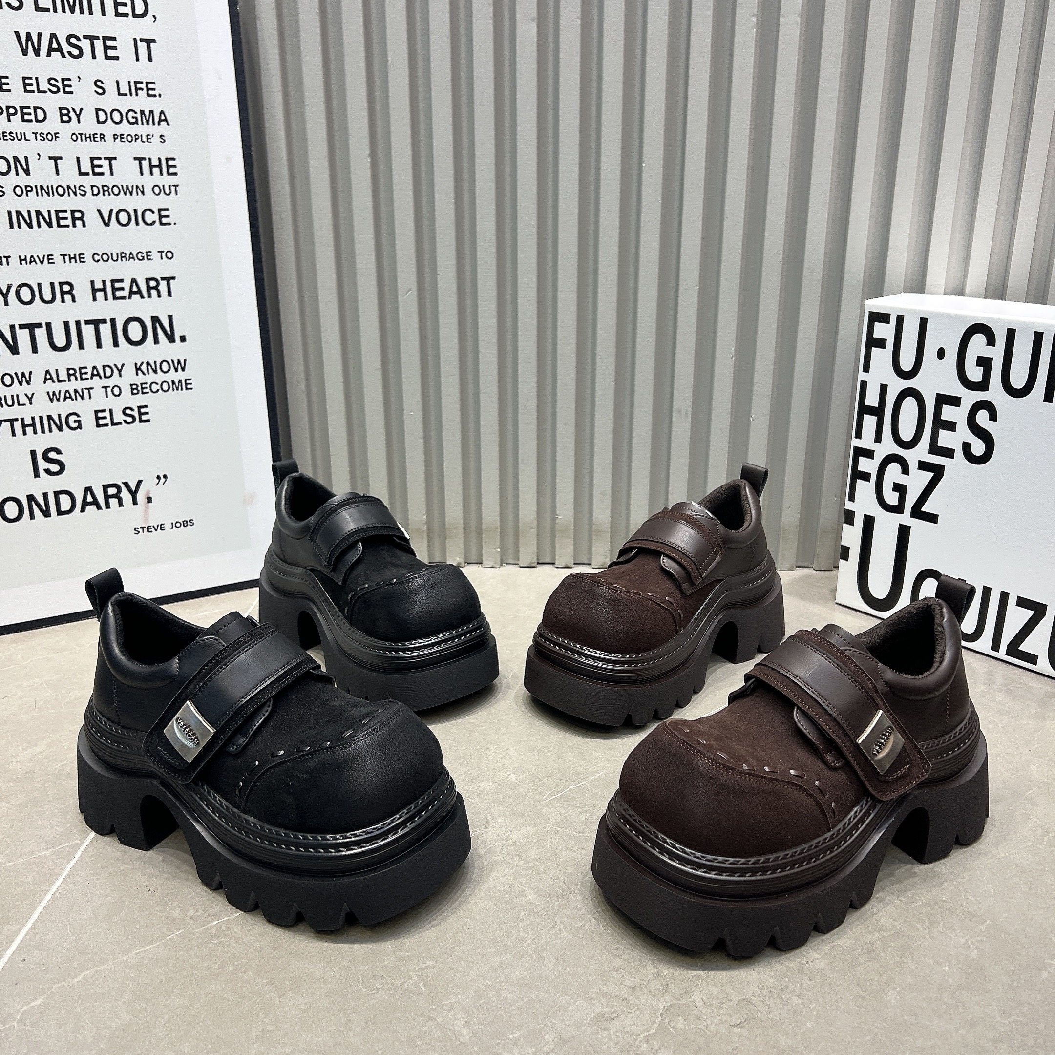 磨砂真皮厚底增高乐福鞋女2025新款魔术贴大头加绒小皮鞋低帮鞋女,女鞋,松糕（摇摇）鞋,淘宝优惠券,粉丝福利购,淘宝优惠卷