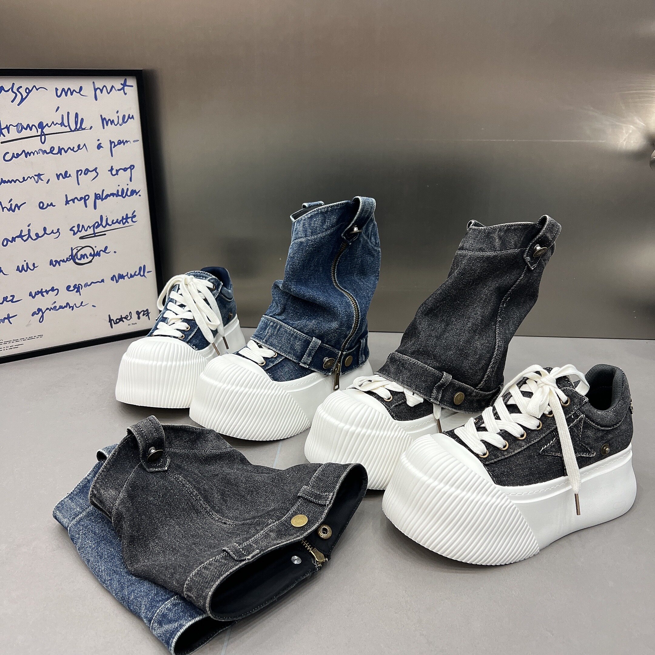 6cm厚底松糕牛仔布两穿裤管靴女2026新款圆头系带低帮单鞋休闲鞋