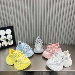 透气网面7cm厚底松糕小个子休闲鞋 水钻花朵系带老爹鞋 女2026新款