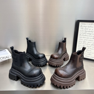 大头马丁靴女鞋2025新款真皮厚底松糕套筒短靴8cm增高时尚烟筒靴