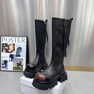 流苏高筒靴女2024新款 真皮圆头厚底瘦瘦靴马丁靴骑士靴不过膝长靴