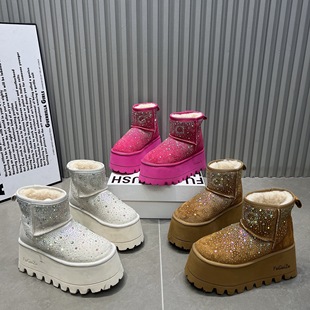 欧货水钻满钻厚底松糕小个子8cm雪地靴加绒保暖棉鞋 套筒短靴女鞋