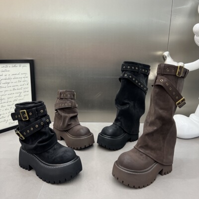 厚底松糕裤管靴女2025新款皮带扣套筒短靴马丁靴小个子不过膝长靴