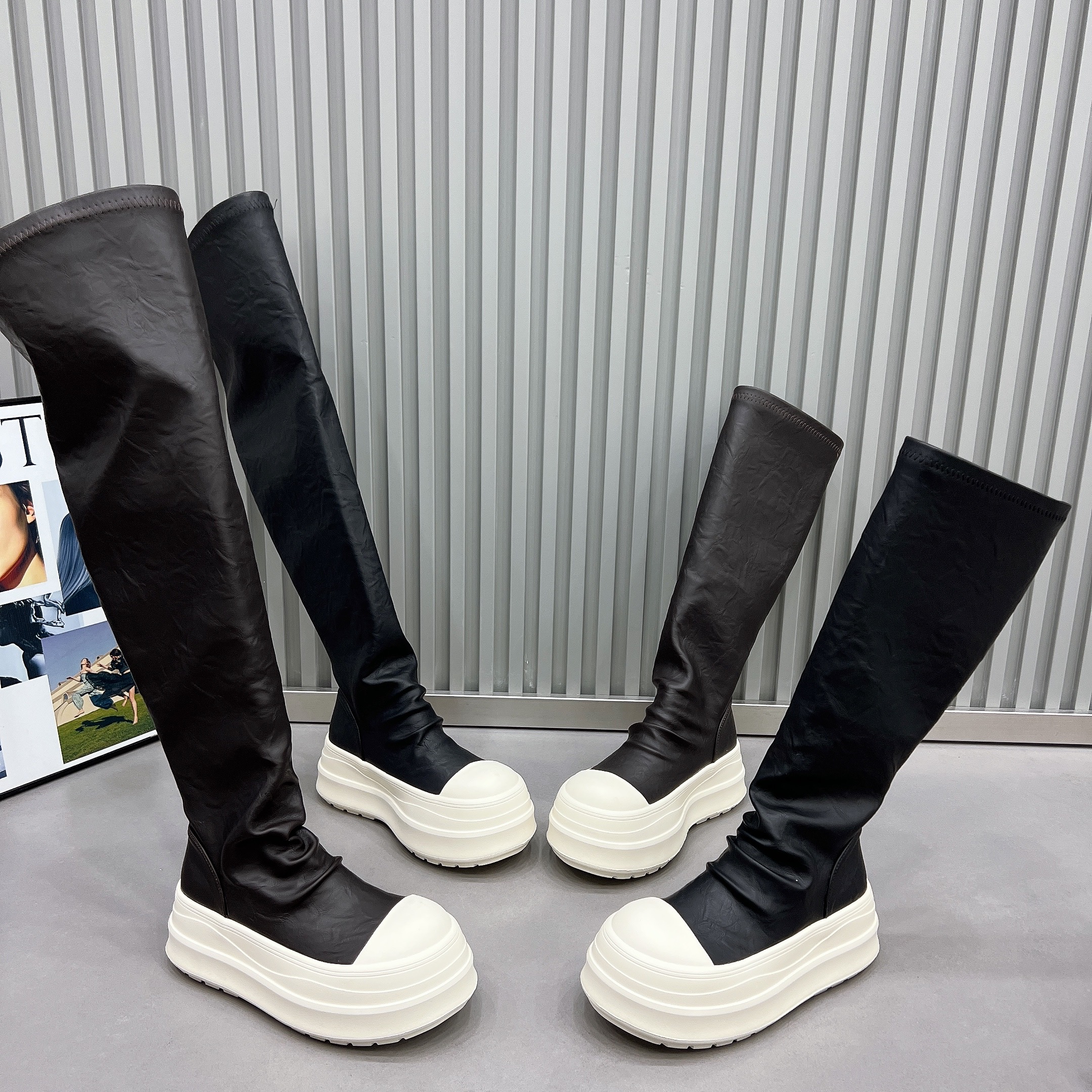 过膝长靴女鞋2025新款厚底松糕褶皱堆堆靴套筒马丁靴骑士靴弹力靴